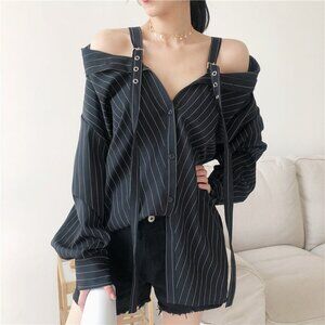 Off-the-shoulder pin-striped korean style top